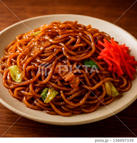 紅生姜が添えられた濃厚ソース焼きそば 136097339