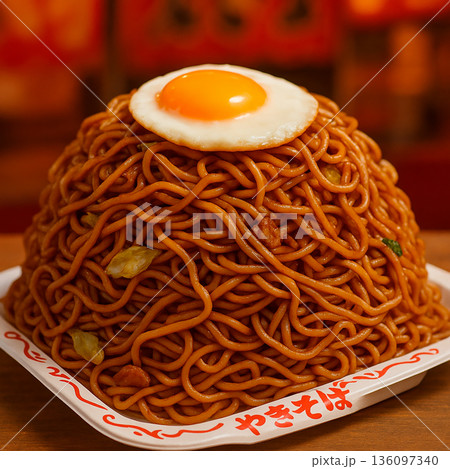 目玉焼きが乗った山盛りのソース焼きそば 136097340
