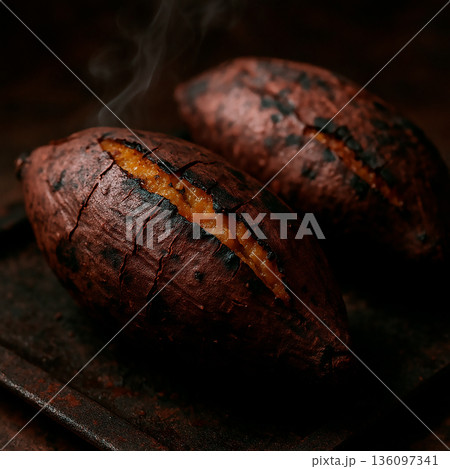 炭火で焼かれた熱々の焼き芋 136097341