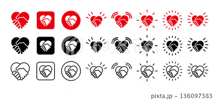 握手ハートのアイコンセット,パートナーシップやチャリティーや合意や愛を表すロゴマーク,握手ハートにマ 136097383