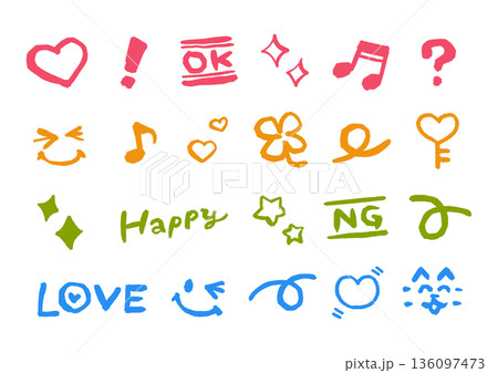 平成レトロな手書き絵文字セット ガラケー風のかわいいアイコン素材 平成レトロな手書き絵文字セット ガラケー風のかわいいアイコン素材 136097473