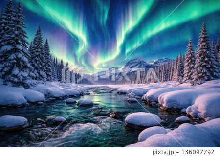 Northern Lights Over Snowy Forest and Mountain River Northern Lights Over Snowy Forest and Mountain River 136097792