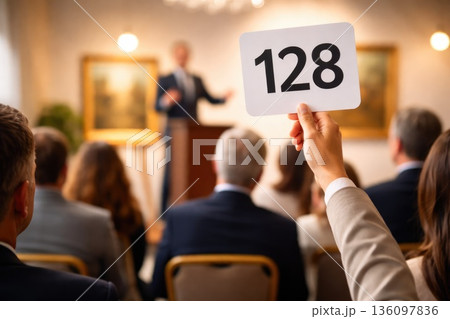 Woman Raising Bid Paddle Number 128 During Live Art Auction 136097836
