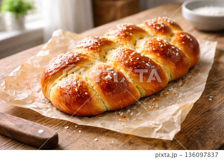 Fresh Homemade Braided Sweet Bread Loaf on Wooden Table Fresh Homemade Braided Sweet Bread Loaf on Wooden Table 136097837