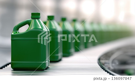 Green chemical containers on automated conveyor system in modern plant Green chemical containers on automated conveyor system in modern plant 136097847