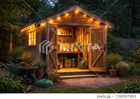 Cozy Backyard Garden Shed with Warm Lights and Gardening Tools at Dusk Cozy Backyard Garden Shed with Warm Lights and Gardening Tools at Dusk 136097903
