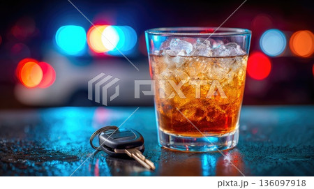 Glass of Whiskey with Car Keys and Police Lights Bokeh Background Glass of Whiskey with Car Keys and Police Lights Bokeh Background 136097918