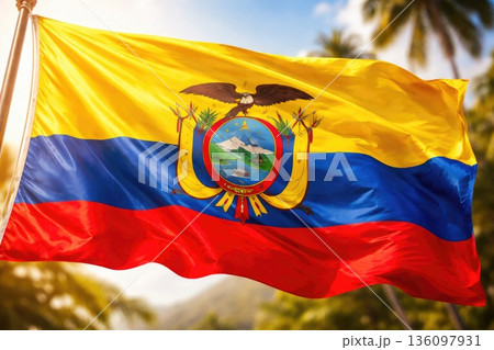 Flag of Ecuador Waving in the Wind with Tropical Background Flag of Ecuador Waving in the Wind with Tropical Background 136097931