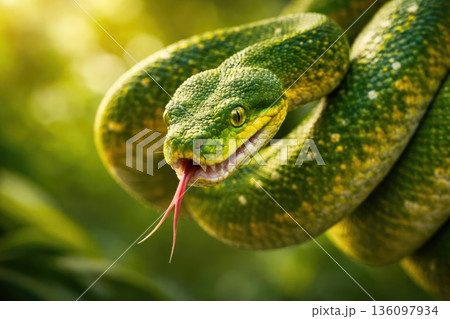 Green Snake Close-Up with Open Mouth and Tongue Out in Jungle Green Snake Close-Up with Open Mouth and Tongue Out in Jungle 136097934