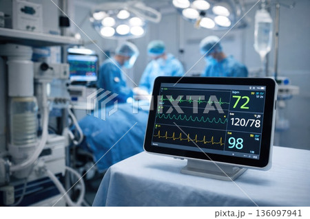 Surgical Team Operating in Modern Operating Room with Vital Monitor 136097941