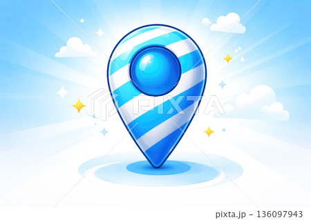 Blue Striped Map Location Pin Icon with Sparkles Blue Striped Map Location Pin Icon with Sparkles 136097943