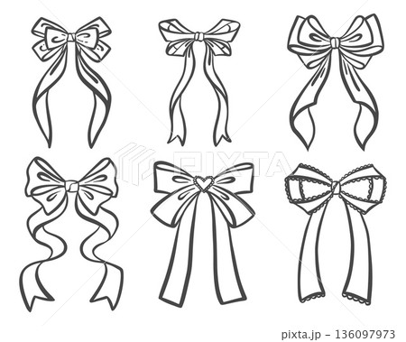 Cute ribbon bow vector clipart for Christmas presents, birthday cards and holiday designs. Simple black silhouette and charming hand-drawn aesthetic accessories on white background Cute ribbon bow vector clipart for Christmas presents, birthday cards and holiday designs. Simple black silhouette and charming hand-drawn aesthetic accessories on white background 136097973