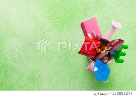 Colorful gardening tools arranged in a small bucket on a green surface ready for spring planting Colorful gardening tools arranged in a small bucket on a green surface ready for spring planting 136098278
