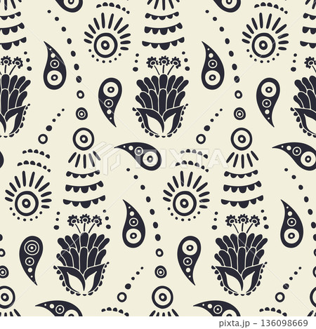 Hand drawn black and cream intricate Paisley silhouette seamless pattern on bright background Hand drawn black and cream intricate Paisley silhouette seamless pattern on bright background 136098669