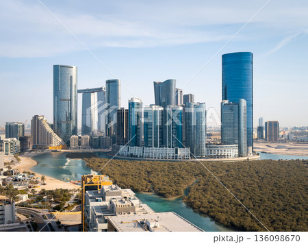 High Angle View of Reem Island Skyline in Abu Dhabi United Arab Emirates High Angle View of Reem Island Skyline in Abu Dhabi United Arab Emirates 136098670