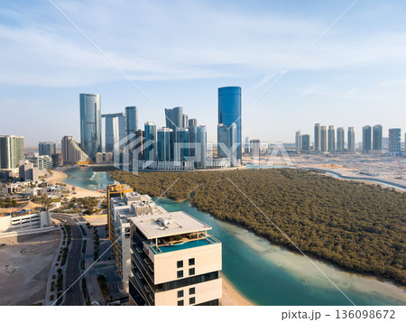 High Angle View of Reem Island Skyline in Abu Dhabi United Arab Emirates High Angle View of Reem Island Skyline in Abu Dhabi United Arab Emirates 136098672