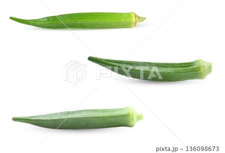 Freshly harvested green okra for healthy lifestyle, vegan and plant-based nutrition on white background. Freshly harvested green okra for healthy lifestyle, vegan and plant-based nutrition on white background. 136098673