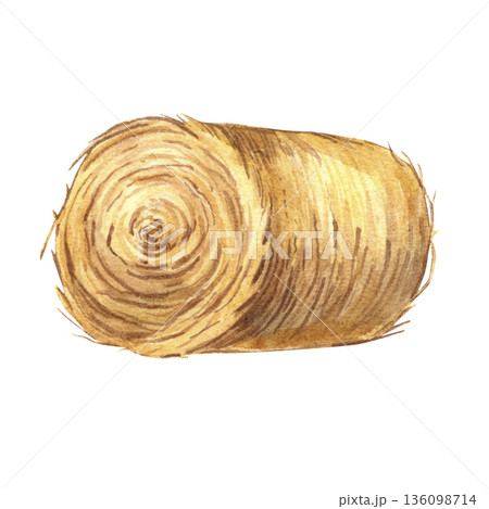 Hay bale with rolled straw with dry straw. Watercolor illustration of element on white background. Animal feed. Harvest on the farm. The ranch. Ideal for rural scene, poster, nursery decor, design. Hay bale with rolled straw with dry straw. Watercolor illustration of element on white background. Animal feed. Harvest on the farm. The ranch. Ideal for rural scene, poster, nursery decor, design. 136098714