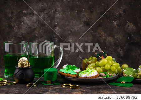 St. Patricks Day party food, green beer and shamrock St. Patricks Day party food, green beer and shamrock 136098762