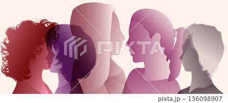 Multicultural female silhouettes in profile representing identity connection and diversity 136098907