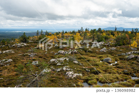 Autumn tundra landscape with rocky hills and colorful forest in Finland under dramatic sky Autumn tundra landscape with rocky hills and colorful forest in Finland under dramatic sky 136098982