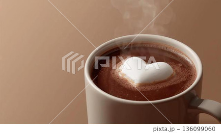 背景素材_ハート形のマシュマロが浮かぶホットココア（ブラウン背景） 136099060