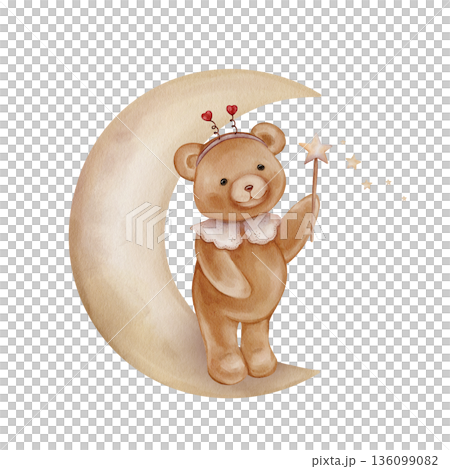 Teddy bear on moon in heart-shaped horns Holding magic wand with star. Hand drawn watercolor illustration for Children design with. Design for kid's goods, baby shower and children's Teddy bear on moon in heart-shaped horns Holding magic wand with star. Hand drawn watercolor illustration for Children design with. Design for kid's goods, baby shower and children's 136099082