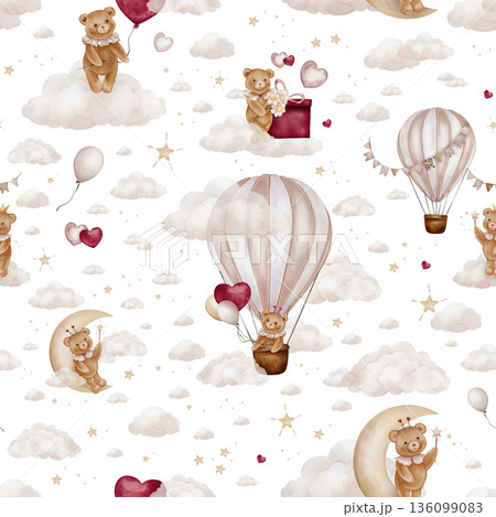 Seamless pattern with Watercolor Cute Teddy Bear on moon and clouds. Repeat ornament with Valentine Brown bear toy with vintage Jabot collar and gift and balloons, heart. Illustration hand drawn 136099083