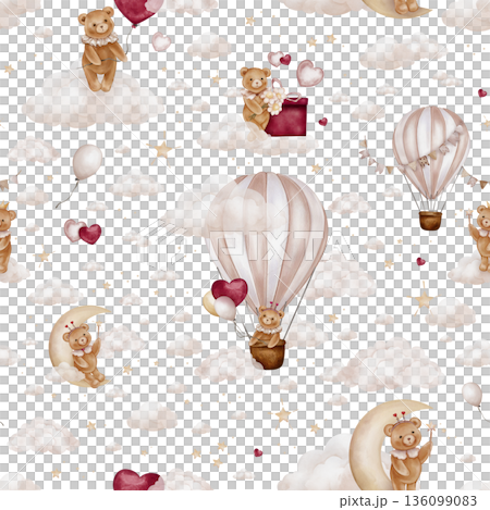 Seamless pattern with Watercolor Cute Teddy Bear on moon and clouds. Repeat ornament with Valentine Brown bear toy with vintage Jabot collar and gift and balloons, heart. Illustration hand drawn 136099083
