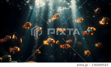 Underwater Scene: Numerous Clownfish Swimming in Sunlit, Bubblin 136099583