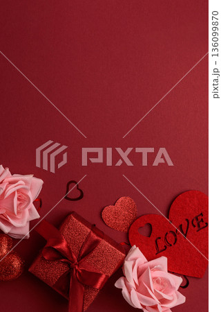 Valentines Day Flatlay with Hearts, Roses and Gifts on Red Background Valentines Day Flatlay with Hearts, Roses and Gifts on Red Background 136099870