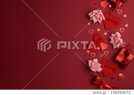 Valentines Day Flatlay with Hearts, Roses and Gifts on Red Background Valentines Day Flatlay with Hearts, Roses and Gifts on Red Background 136099872
