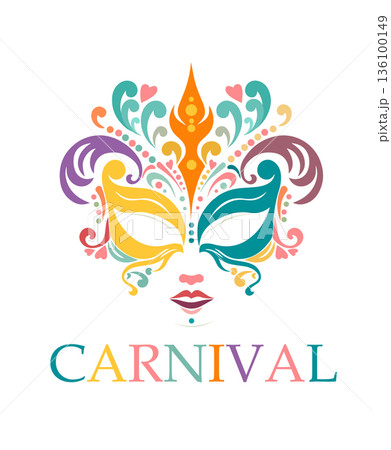 Carnival mask. Festive background. Hand drawn. Not AI, vector illustration 136100149