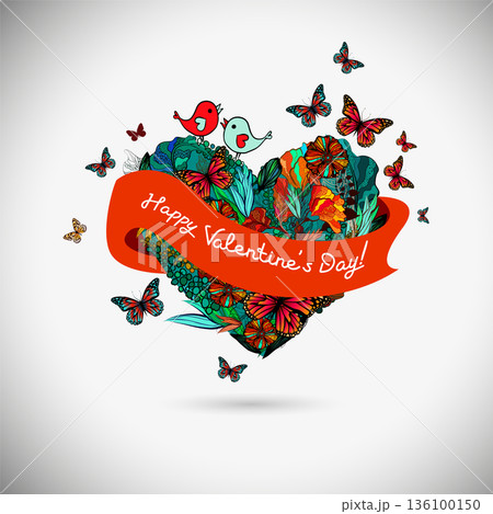 Heart of flowers with butterflies and birds. Happy Valentine s Day. Hand drawn. Not AI, vector illustration. 136100150