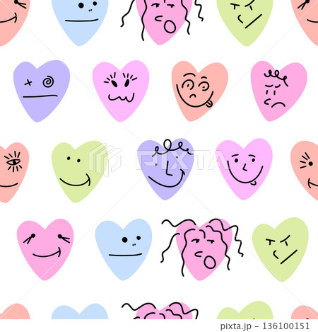 seamless funny background with hearts . Hand drawn. Not AI, vector illustration. 136100151