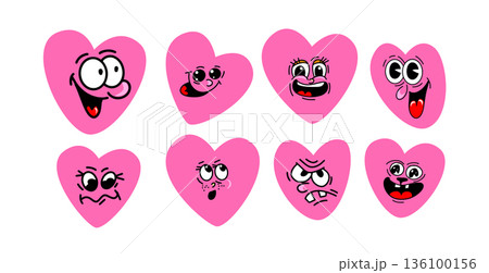 Happy Valentine's Day. Groovy character lovely hearts. Love concept. Hand drawn. Not AI, vector illustration. Happy Valentine's Day. Groovy character lovely hearts. Love concept. Hand drawn. Not AI, vector illustration. 136100156