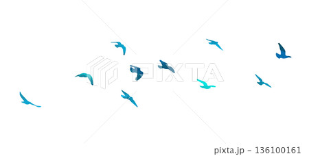 Flying birds blue silhouette flock. hand drawing. Not AI. Vector illustration 136100161