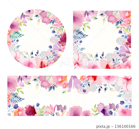 A set of beautiful frames made of watercolor pink flowers. Hand drawn. Not AI, vector illustration 136100166