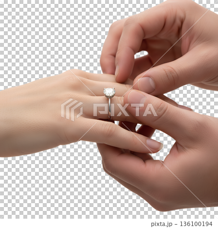 Romantic close-up of a man's hands placing a diamond engagement ring on a woman's finger, symbolizing proposal and commitment 136100194