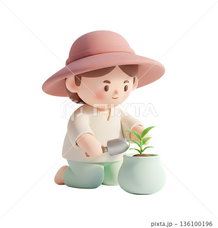 Adorable 3d character gently planting a small green sprout in a terracotta pot, symbolizing growth, care, and the start of new life Adorable 3d character gently planting a small green sprout in a terracotta pot, symbolizing growth, care, and the start of new life 136100196