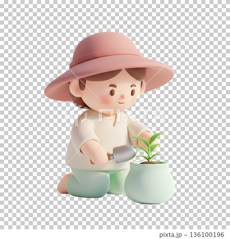 Adorable 3d character gently planting a small green sprout in a terracotta pot, symbolizing growth, care, and the start of new life 136100196