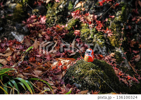 Symbol of determination, good luck charm in Japanese, Many traditional red Daruma doll on the rock at Katsuo-ji temple, Osaka, Japan. 136100324