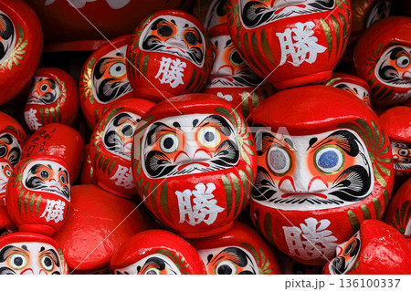 Symbol of determination, good luck charm in Japanese, Many traditional red Daruma doll at Katsuo-ji temple, Osaka, Japan. 136100337