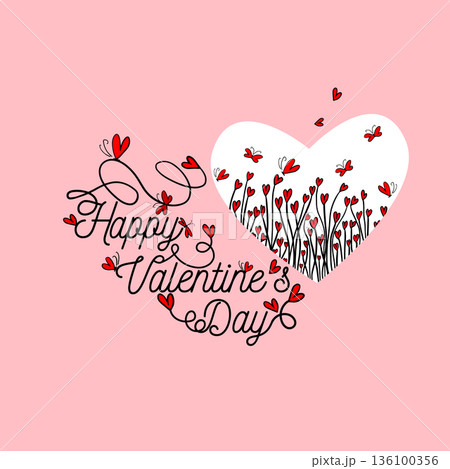 Flowers of the heart. Happy Valentine's Day postcard. Hand drawn. Not AI, vector illustration. 136100356