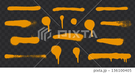 Orange spray paint splatters with drips on transparent checkered background. 136100405