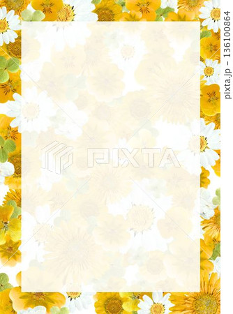 黄色い花のフレーム背景(A4縦)|春・初夏の案内やチラシに使える明るい余白デザイン 黄色い花のフレーム背景(A4縦)|春・初夏の案内やチラシに使える明るい余白デザイン 136100864