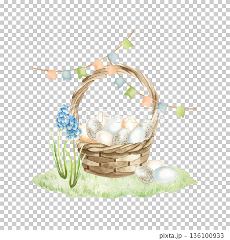 Wicker basket with Easter eggs resting on grass with muscari flowers. Symbolic of spring and Palm Sunday. Hand drawn watercolor illustration, isolated. Pastel clip art for vintage greeting cards. 136100933