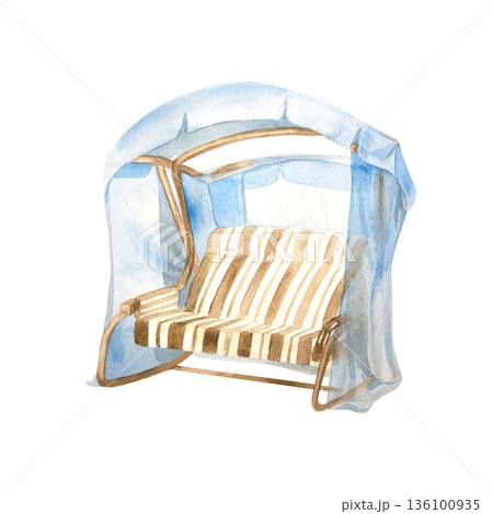 Garden swing for cozy relaxation. Perfect for creating banners with landscapes. Hand drawn watercolor illustration isolated. Pastel clip art for Easter vintage cards and spring posters. Garden swing for cozy relaxation. Perfect for creating banners with landscapes. Hand drawn watercolor illustration isolated. Pastel clip art for Easter vintage cards and spring posters. 136100935