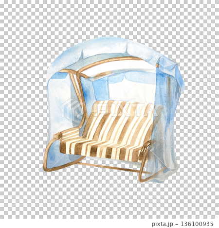 Garden swing for cozy relaxation. Perfect for creating banners with landscapes. Hand drawn watercolor illustration isolated. Pastel clip art for Easter vintage cards and spring posters. Garden swing for cozy relaxation. Perfect for creating banners with landscapes. Hand drawn watercolor illustration isolated. Pastel clip art for Easter vintage cards and spring posters. 136100935