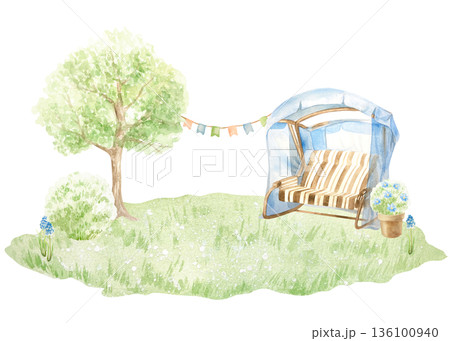 Garden swing, tree, bush and pot with flowers on green grass. For landscape banners. Hand drawn watercolor illustration isolated. Pastel clip art for Easter vintage cards and spring posters. 136100940